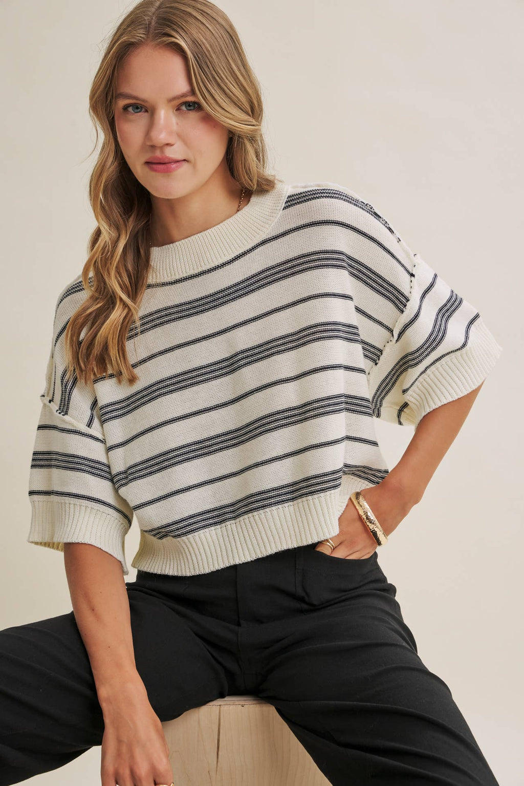 ESSENSE OF WEEKEND STRIPED LINEN COTTON BOXY SWEATER TOP