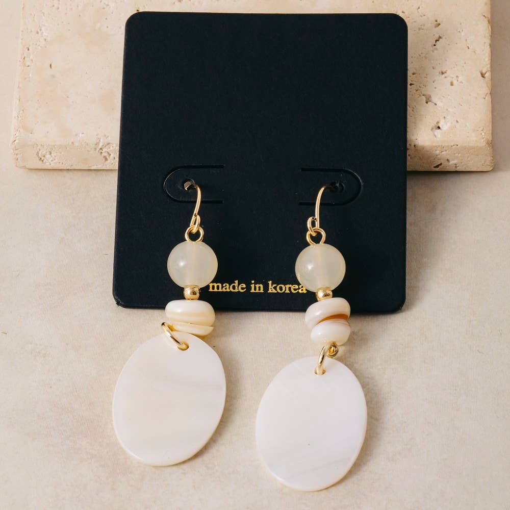 Oval Sea Shell And Beads Dangle Earrings