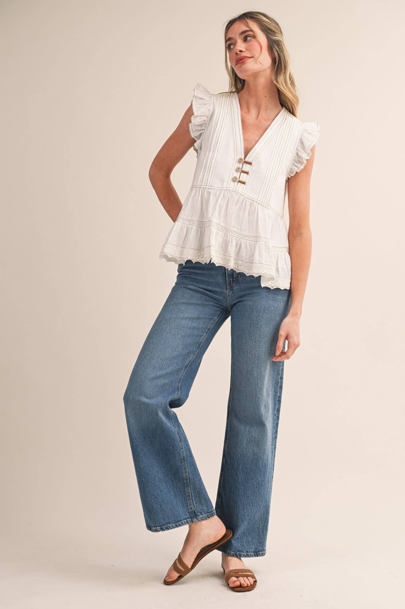 MIXED MEDIA CONTRAST STITCH LACE TRIM TOP MTP4599