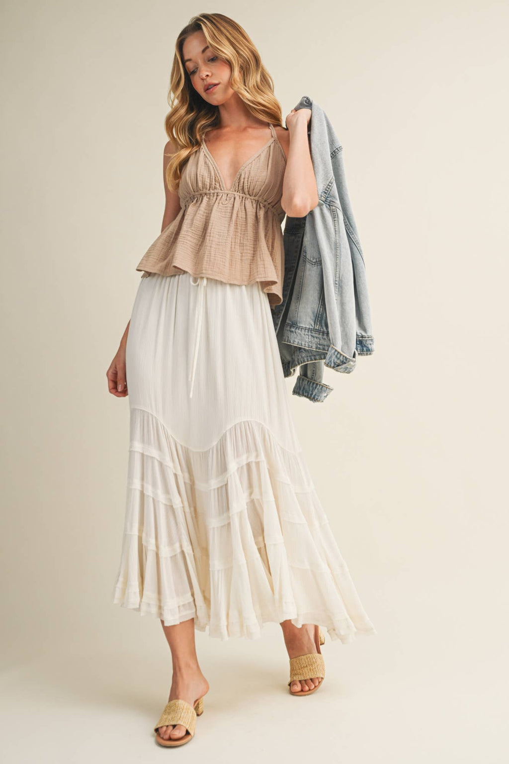Cascading Tiers Lace Trim Maxi Skirt