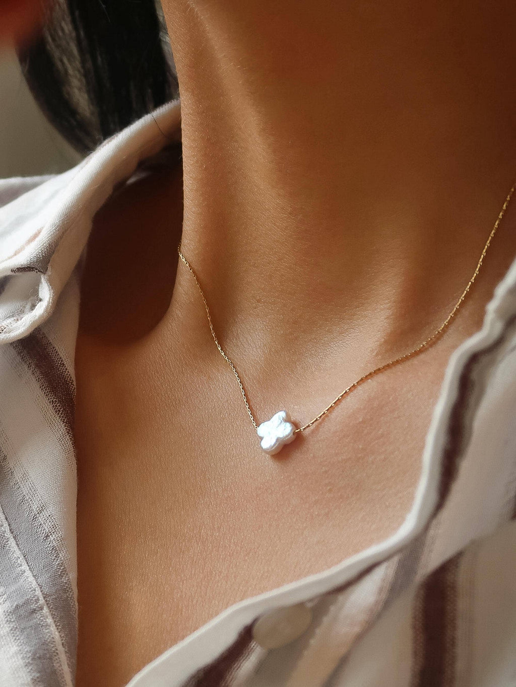 18K Gold Non-Tarnish Freshwater Pearl Clover, Heart Necklace