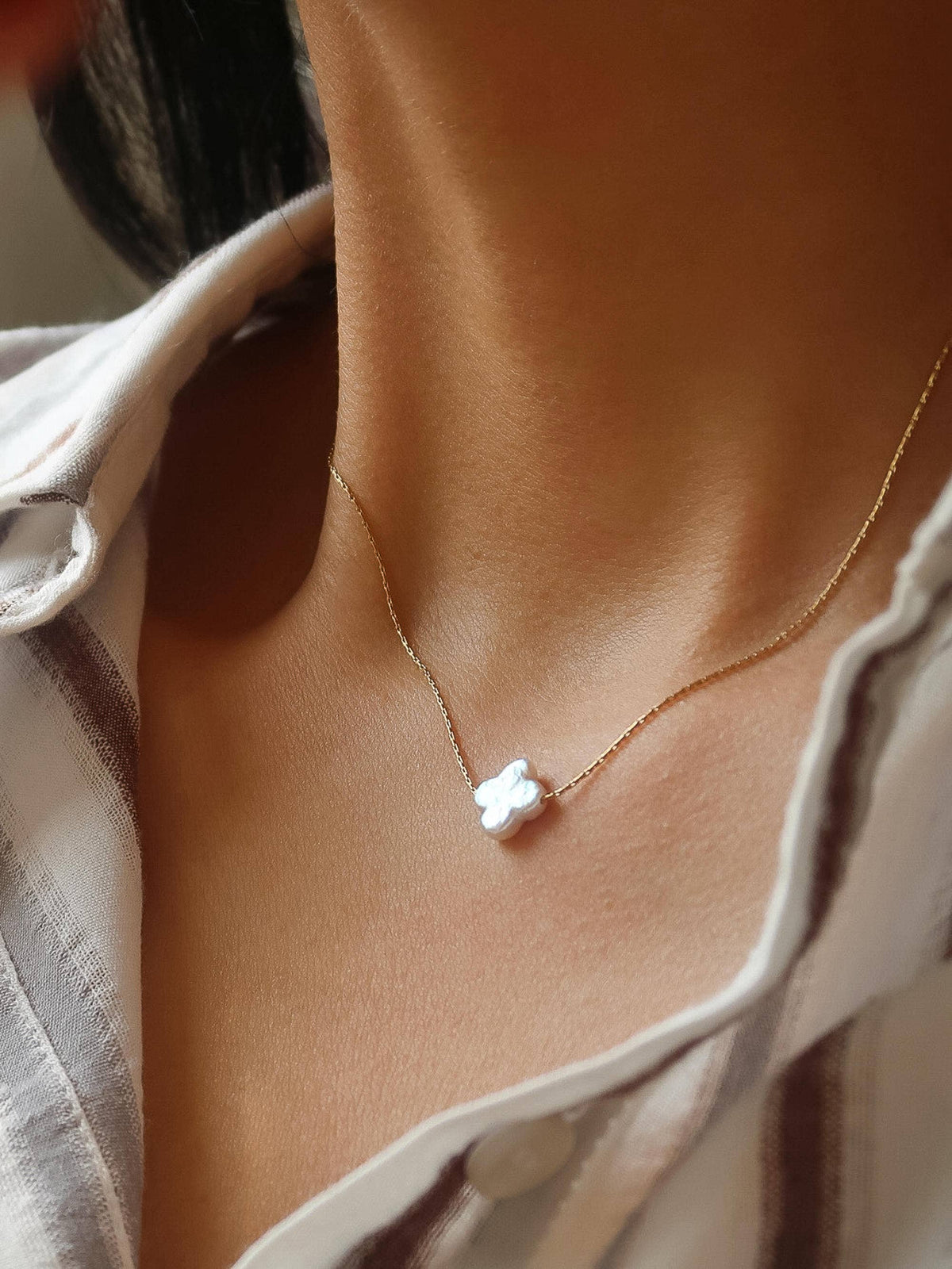 18K Gold Non-Tarnish Freshwater Pearl Clover, Heart Necklace