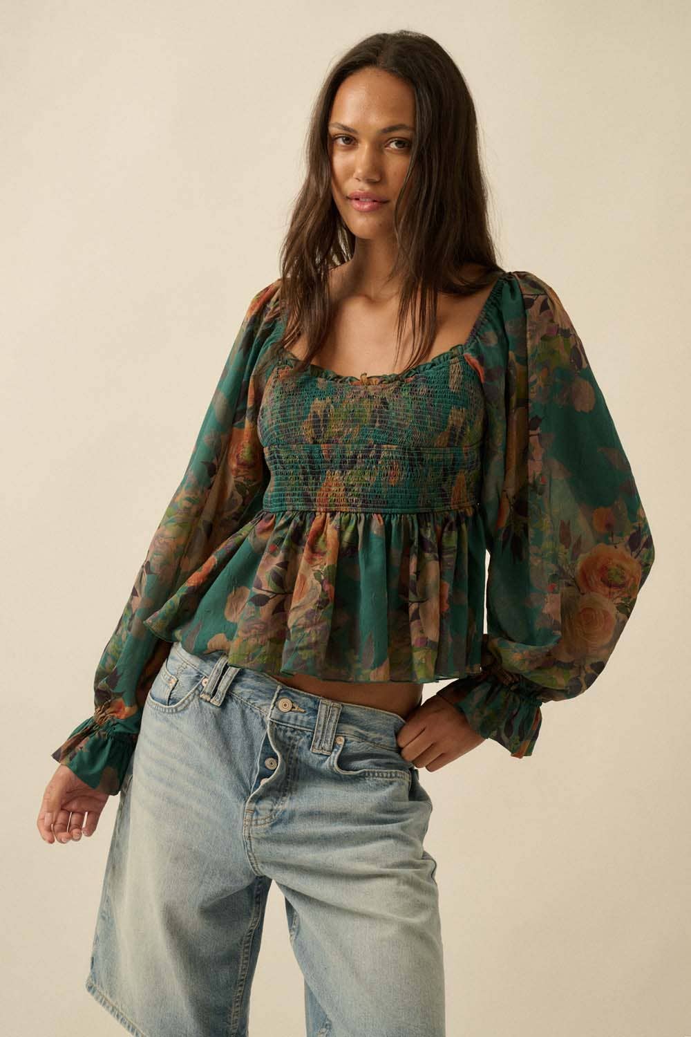 Floral-Print Smocked Sweetheart Peplum Peasant Top
