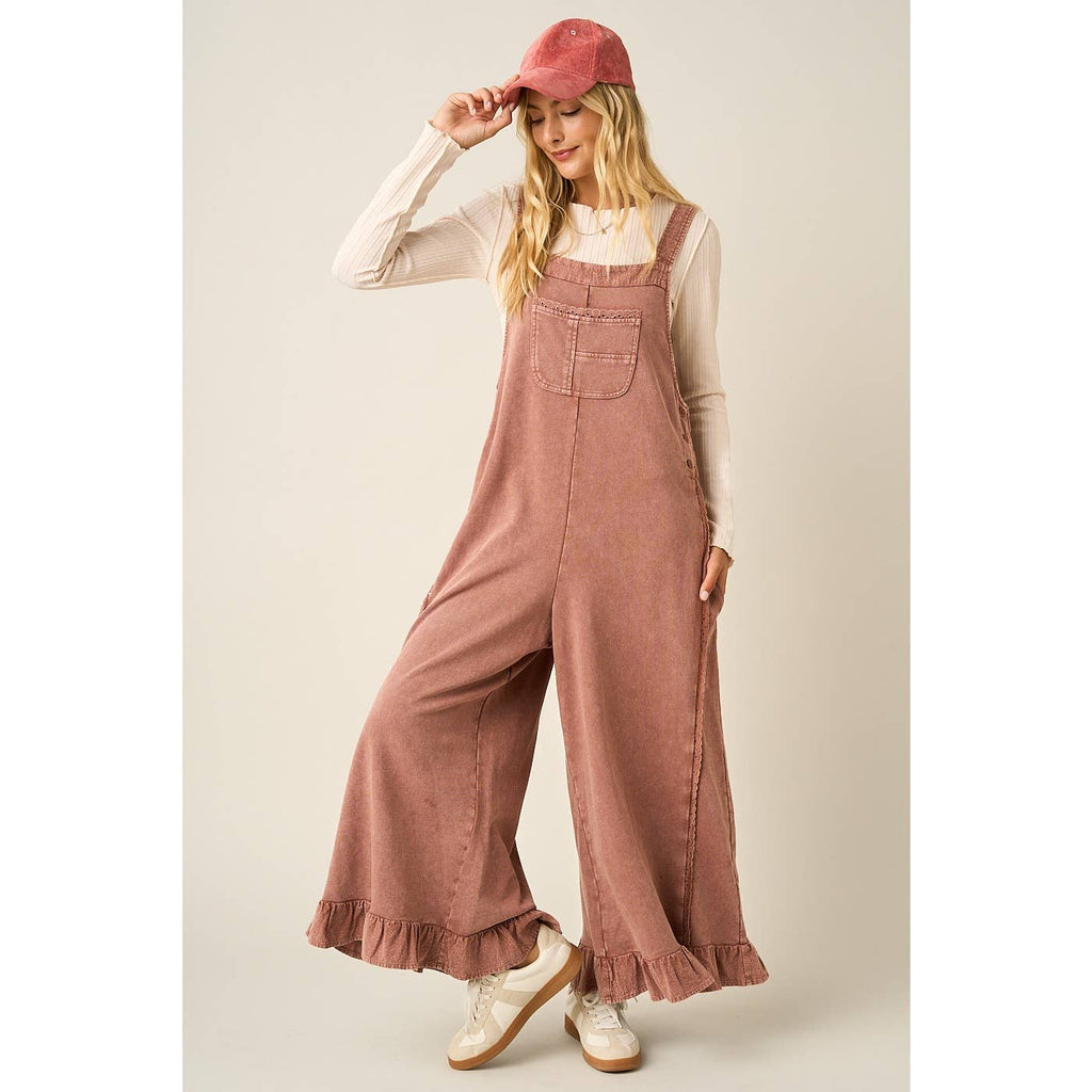 MINERAL WASHED RUFFLE HEM OVERALL JUMPSUIT