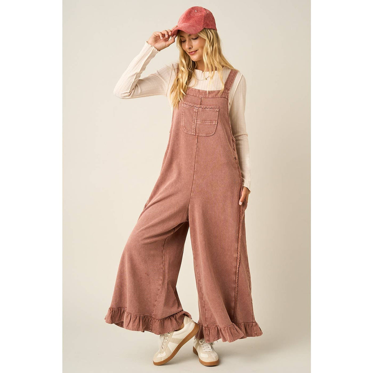MINERAL WASHED RUFFLE HEM OVERALL JUMPSUIT