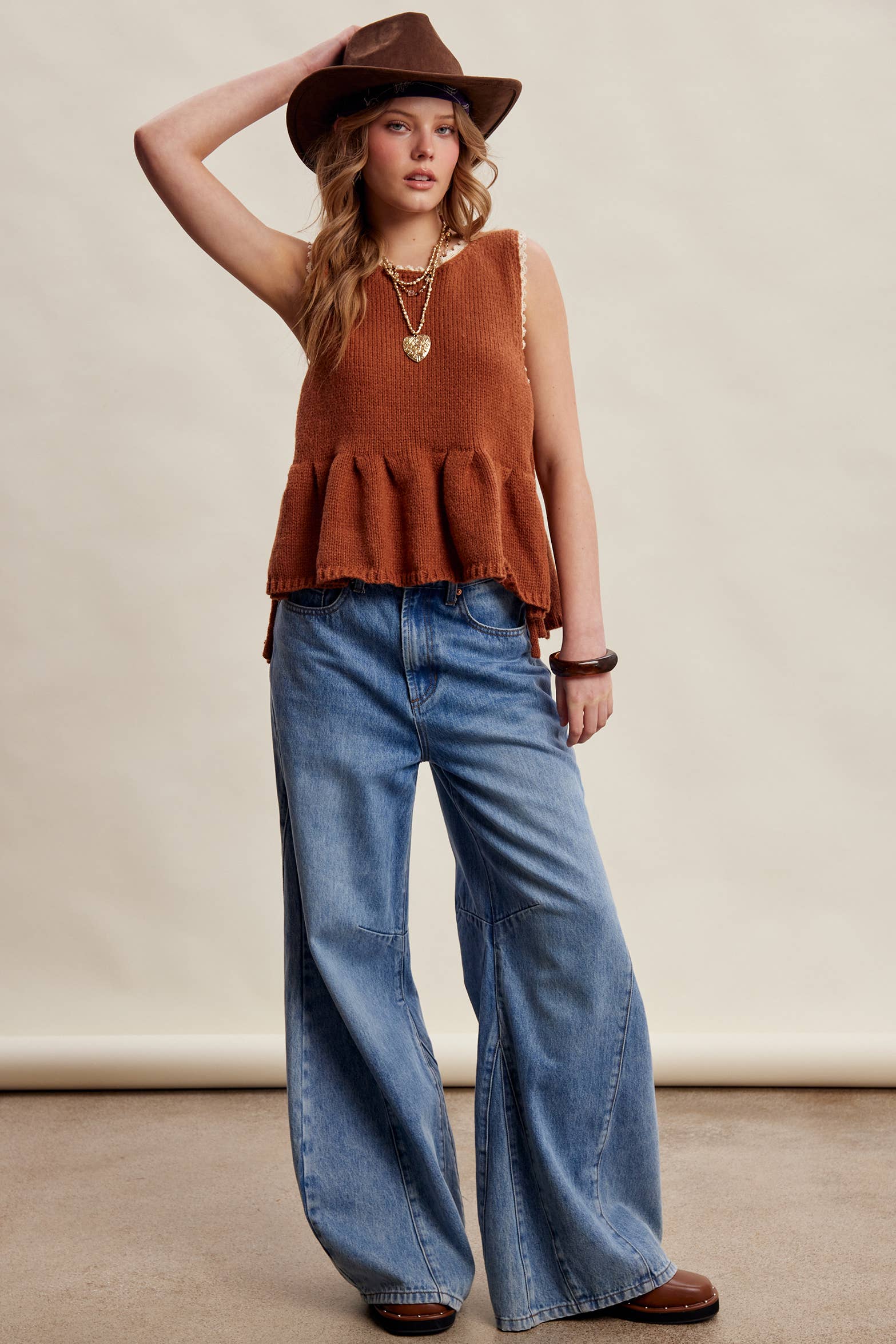 Lace Trim Side Tie Knit Peplum Top LSW1058