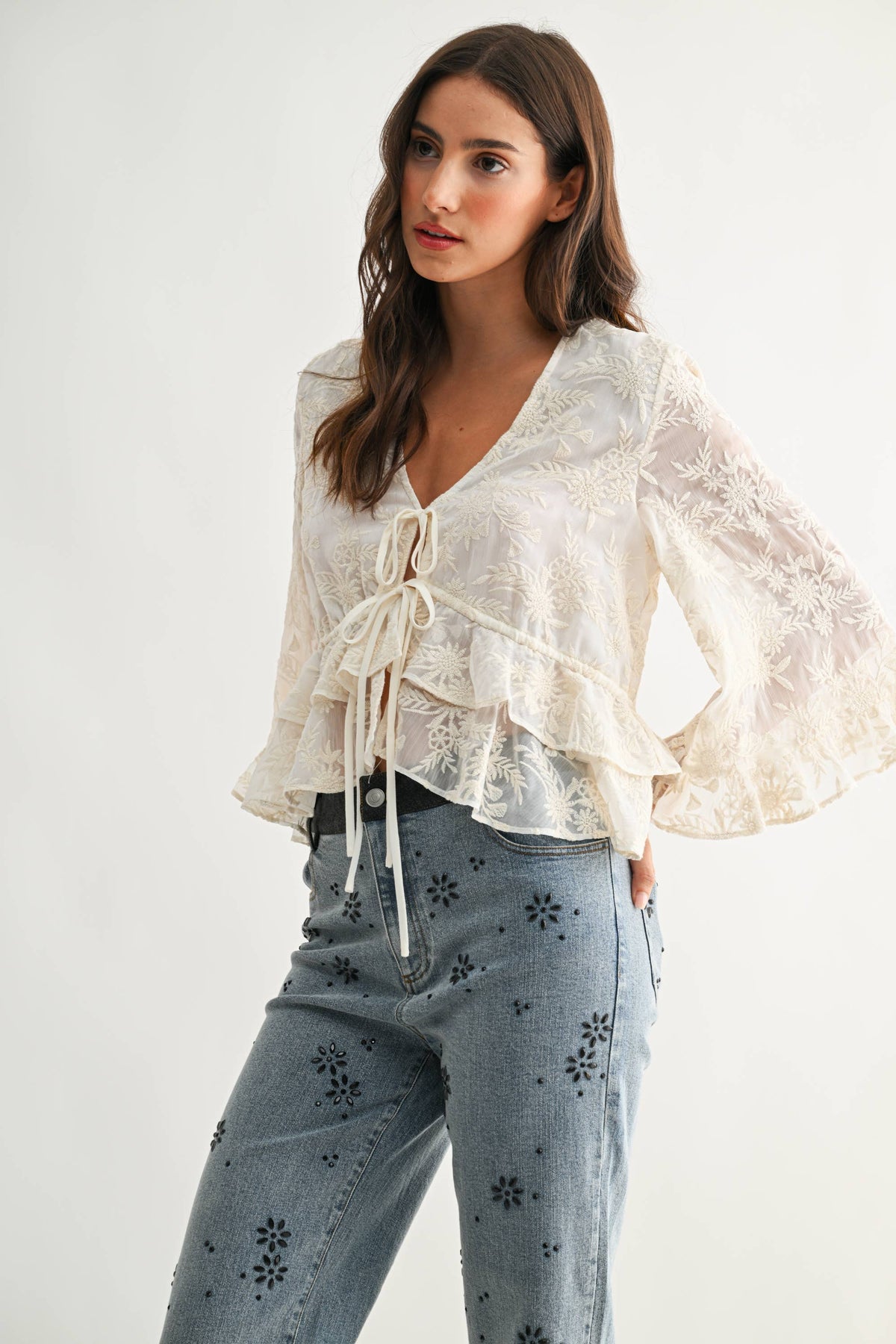 CT10102J Boho Embroidered Sheer Blouse Flowy Bell Sleeves