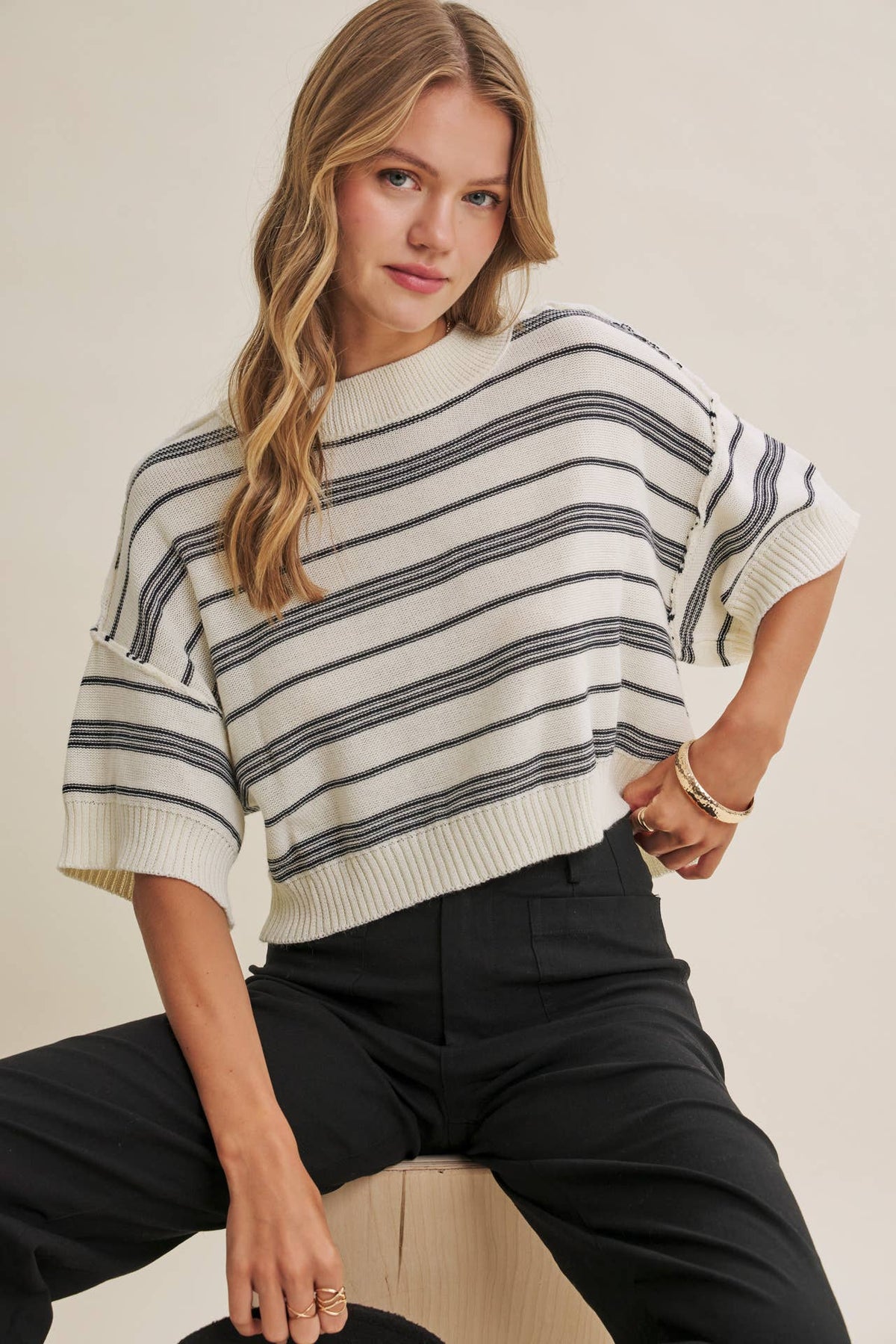 ESSENSE OF WEEKEND STRIPED LINEN COTTON BOXY SWEATER TOP