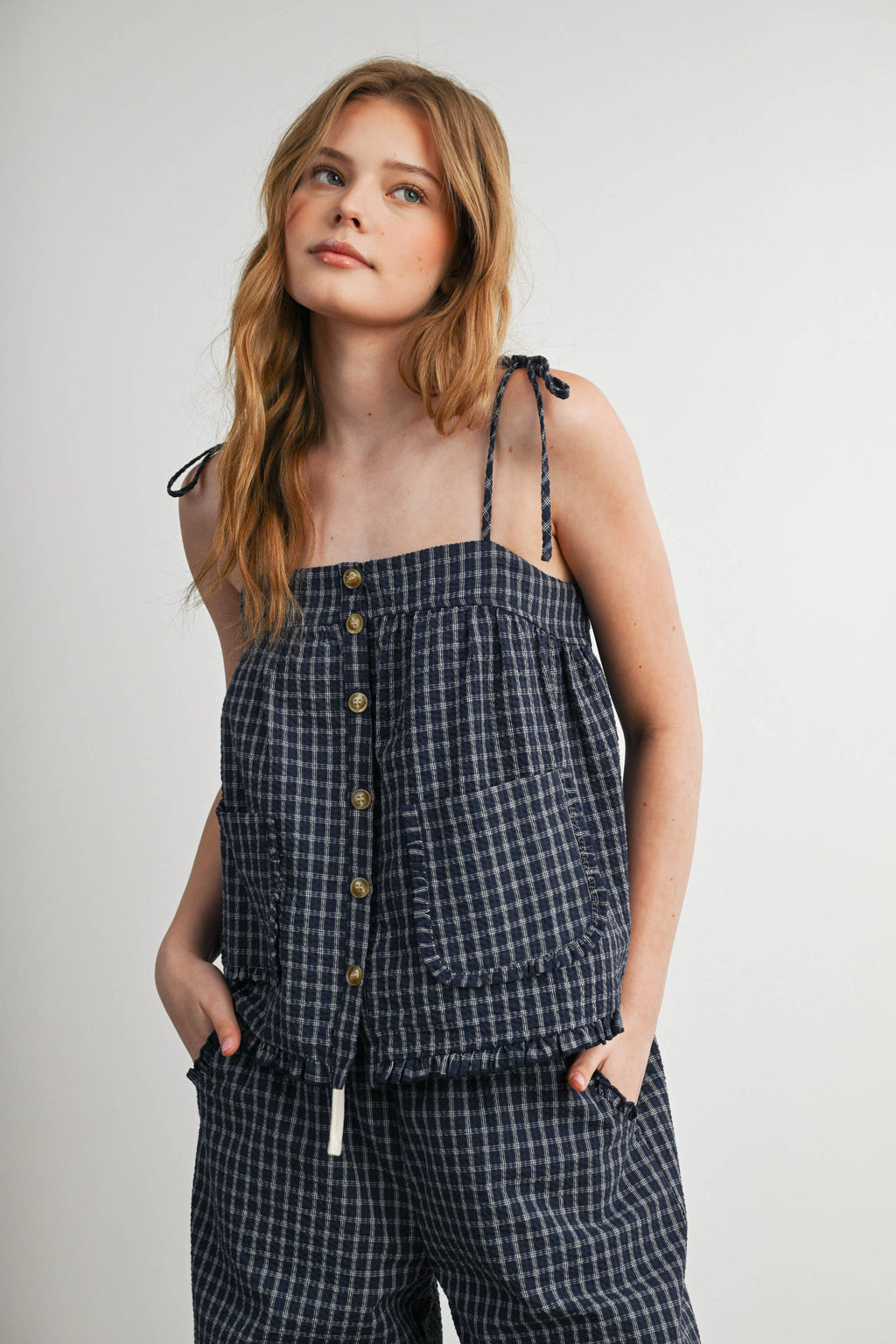 Plaid Tie Shoulder Tank Top-BMT8424