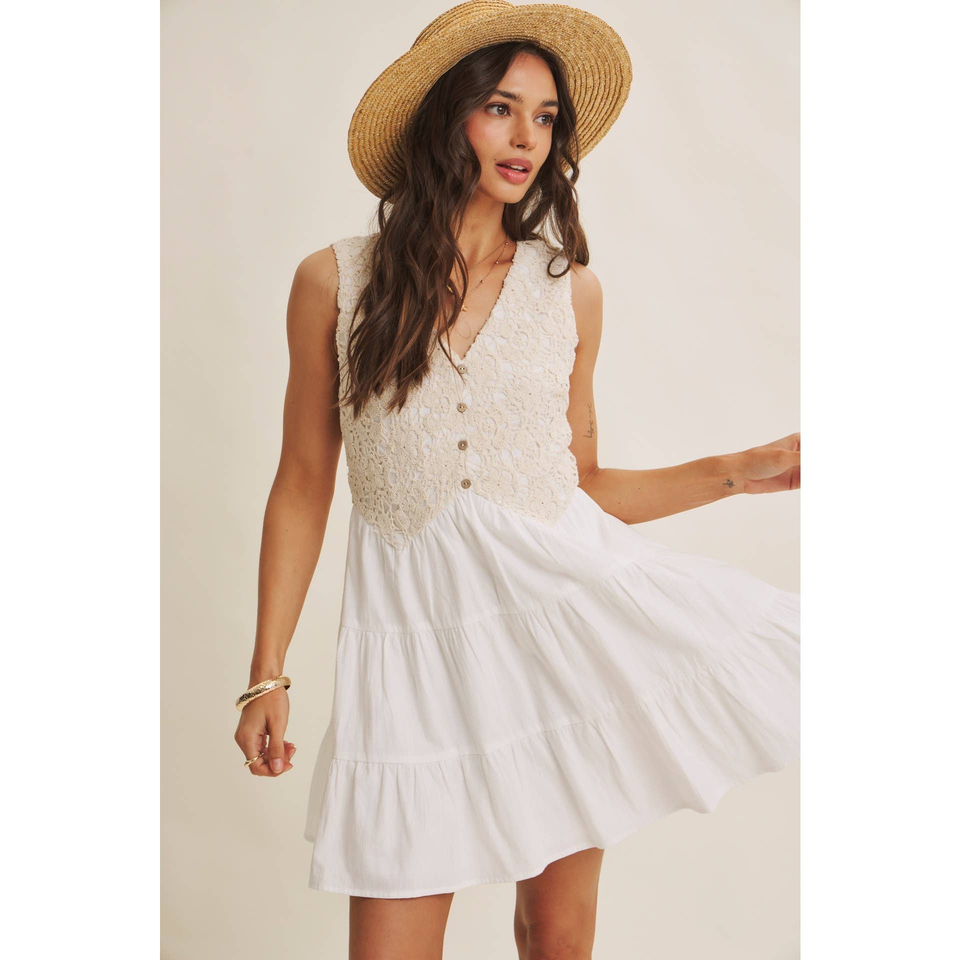 FRENCH PICNIC MIXED MEDIA COTTON CROCHET MINI DRESS