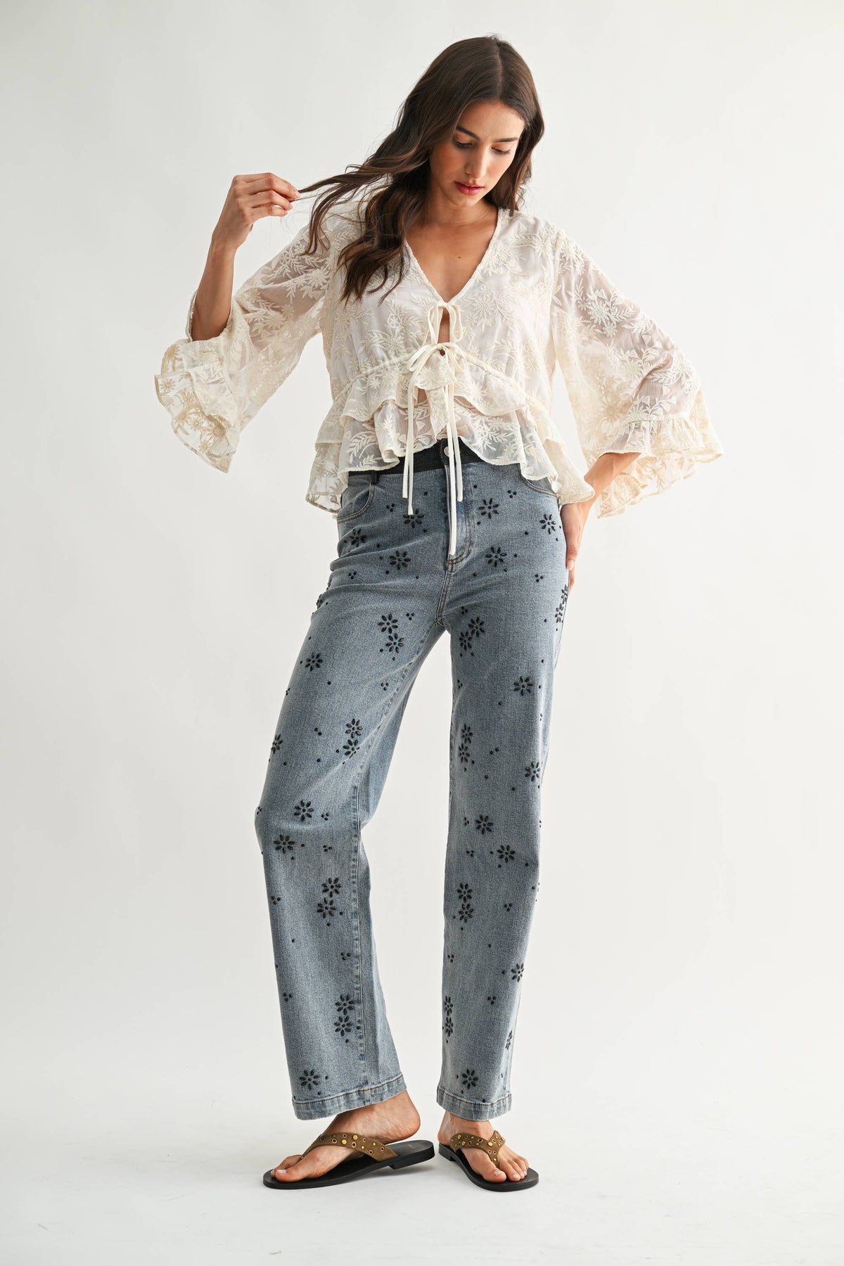 CT10102J Boho Embroidered Sheer Blouse Flowy Bell Sleeves