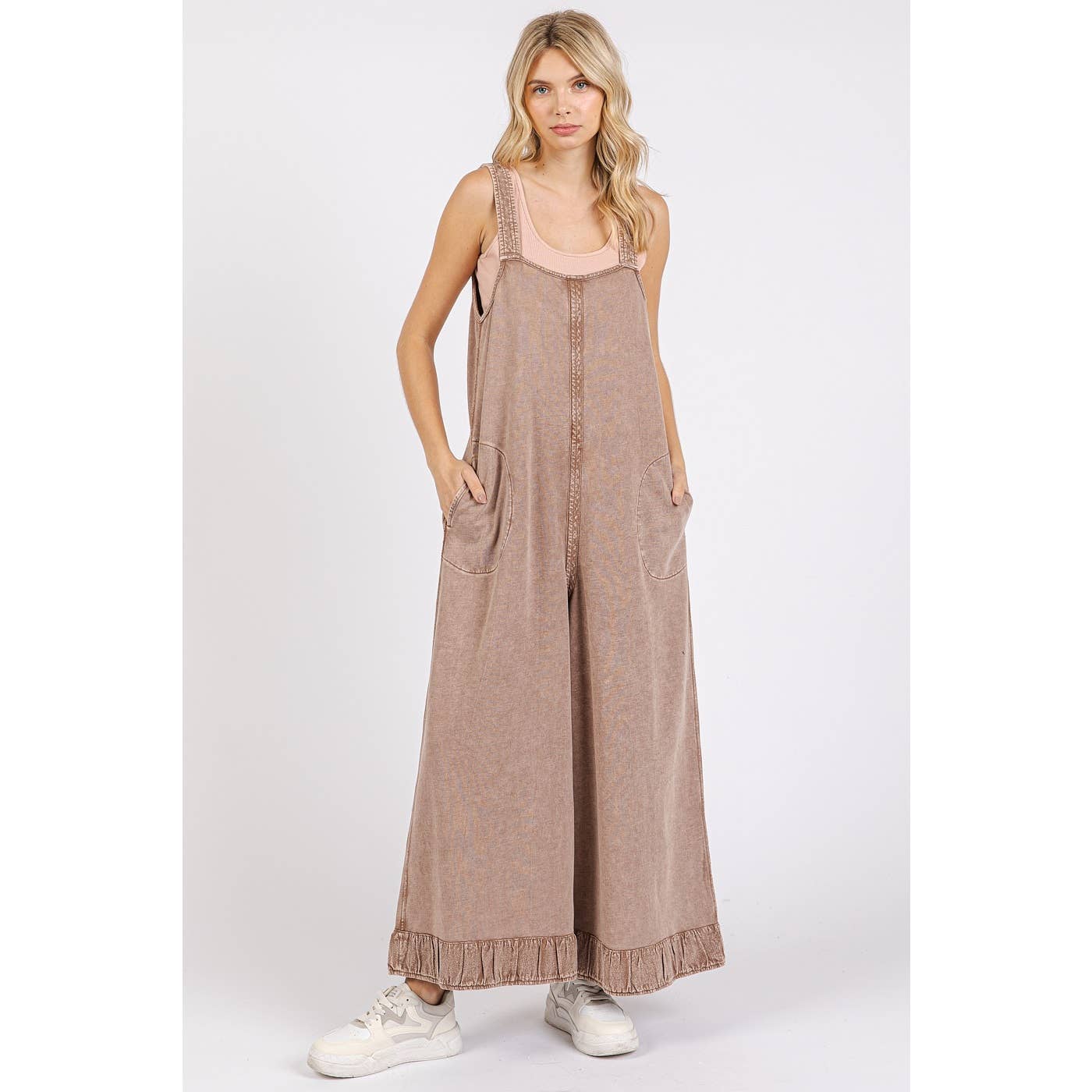 MINERAL WASH ANKLE DETAIL WIDE LEG JUMPSUIT
