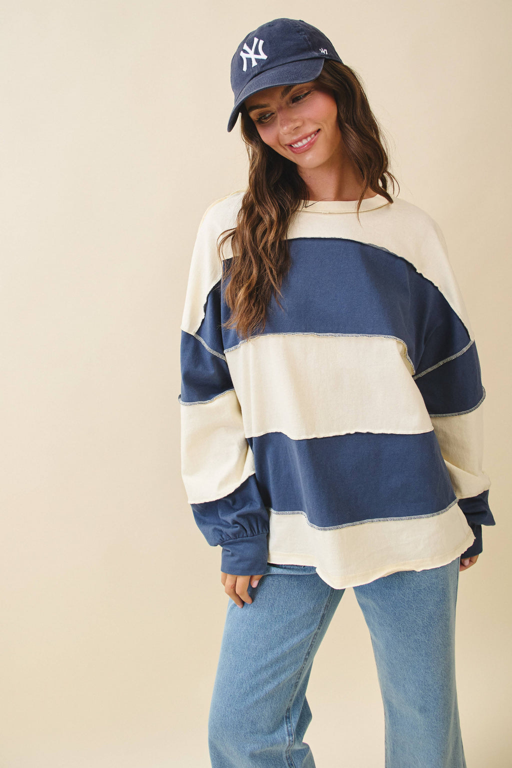 8551GN Oversized Color Block Long Sleeve Pullover