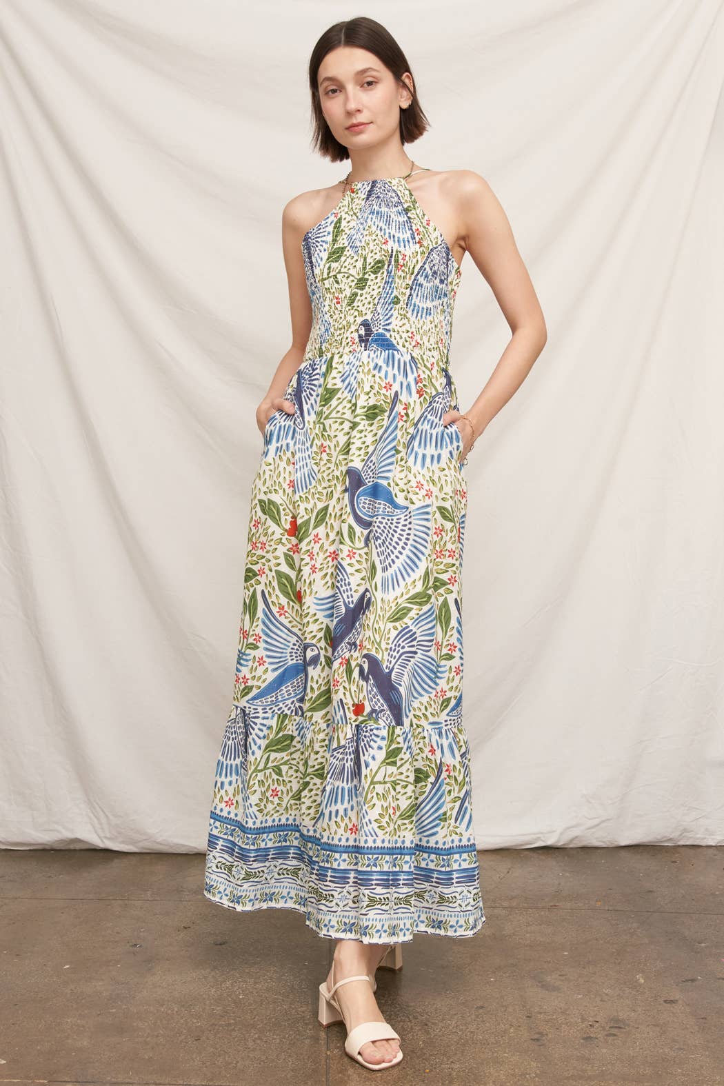 Printed Halter Neck Smocked Maxi Dress
