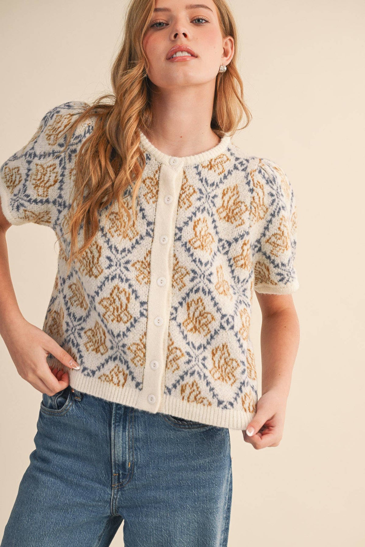 FLORAL SHORT SLEEVE SWEATER CARDIGAN MSW11258