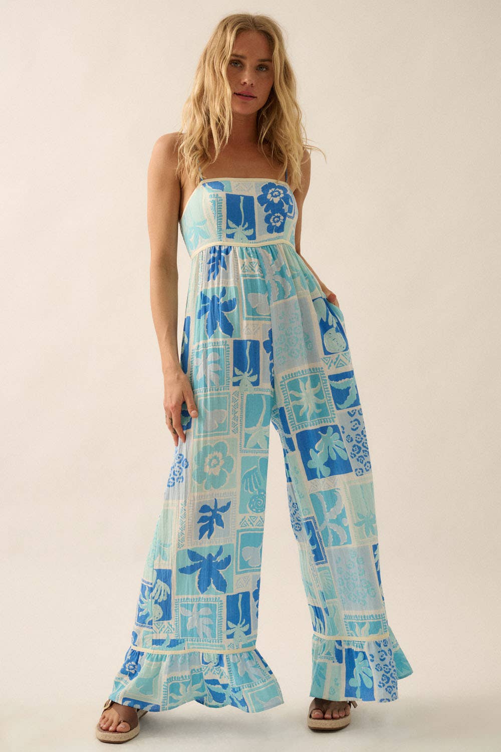 Tropical Floral Ruffled Wide-Leg Cami Jumpsuit