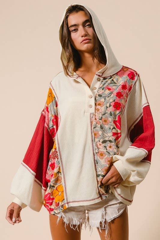 Knit And Print Mixed Hoodie Top