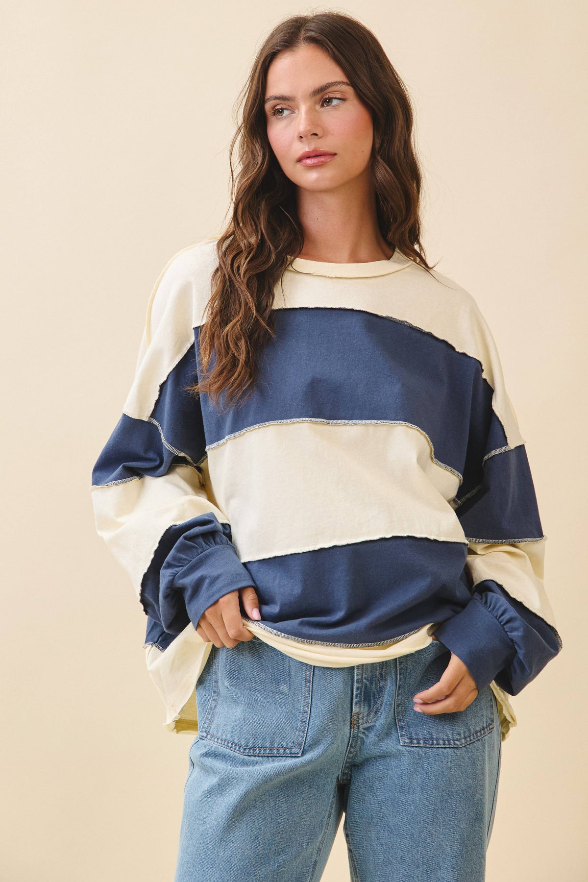 8551GN Oversized Color Block Long Sleeve Pullover