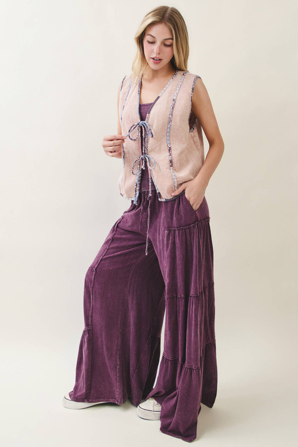 Mineral Washed Tiered Wide Leg Pants HP5033P1