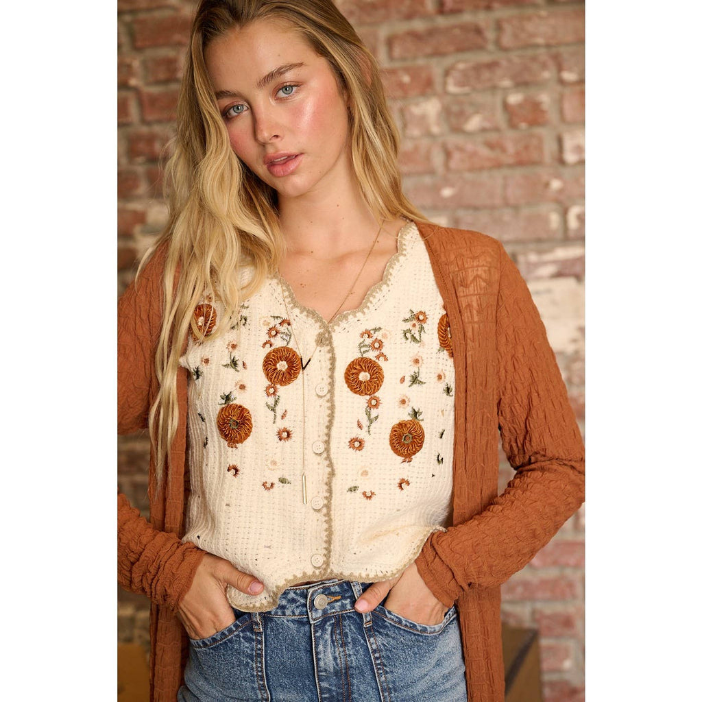FLORAL EMBROIDERY SLEEVELESS VEST CROCHET TOP