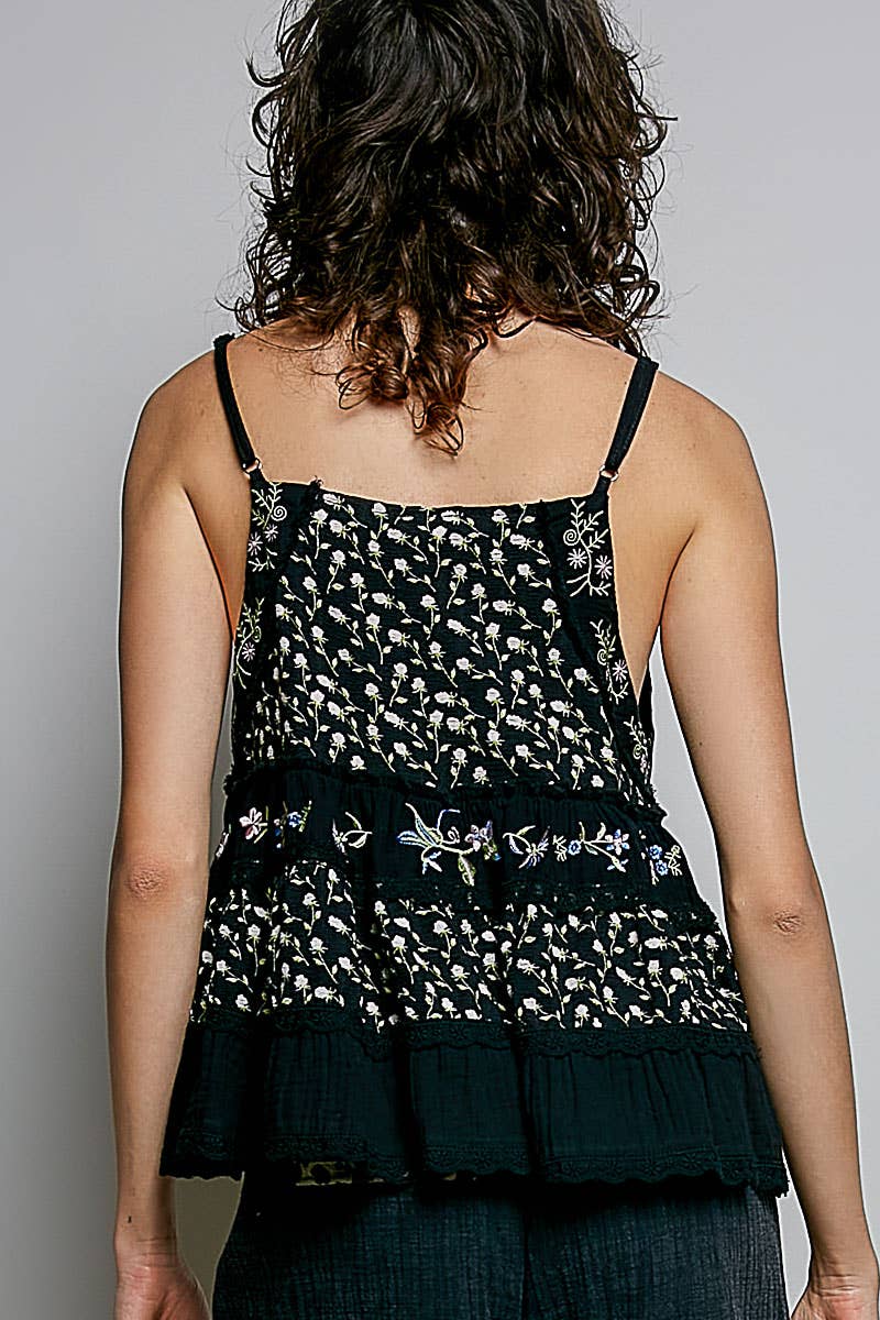 A-body Flared Fit Double Gauze Floral Embroidery Sleeveless