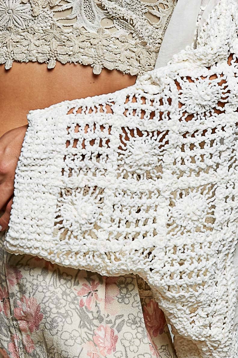 Floral Embroidered Contrast Chenille Crochet Cardigan Top