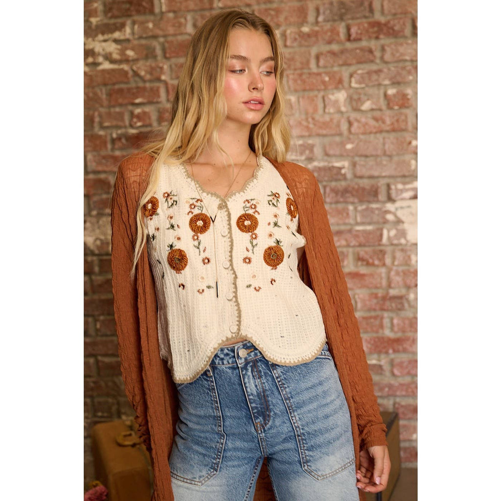FLORAL EMBROIDERY SLEEVELESS VEST CROCHET TOP