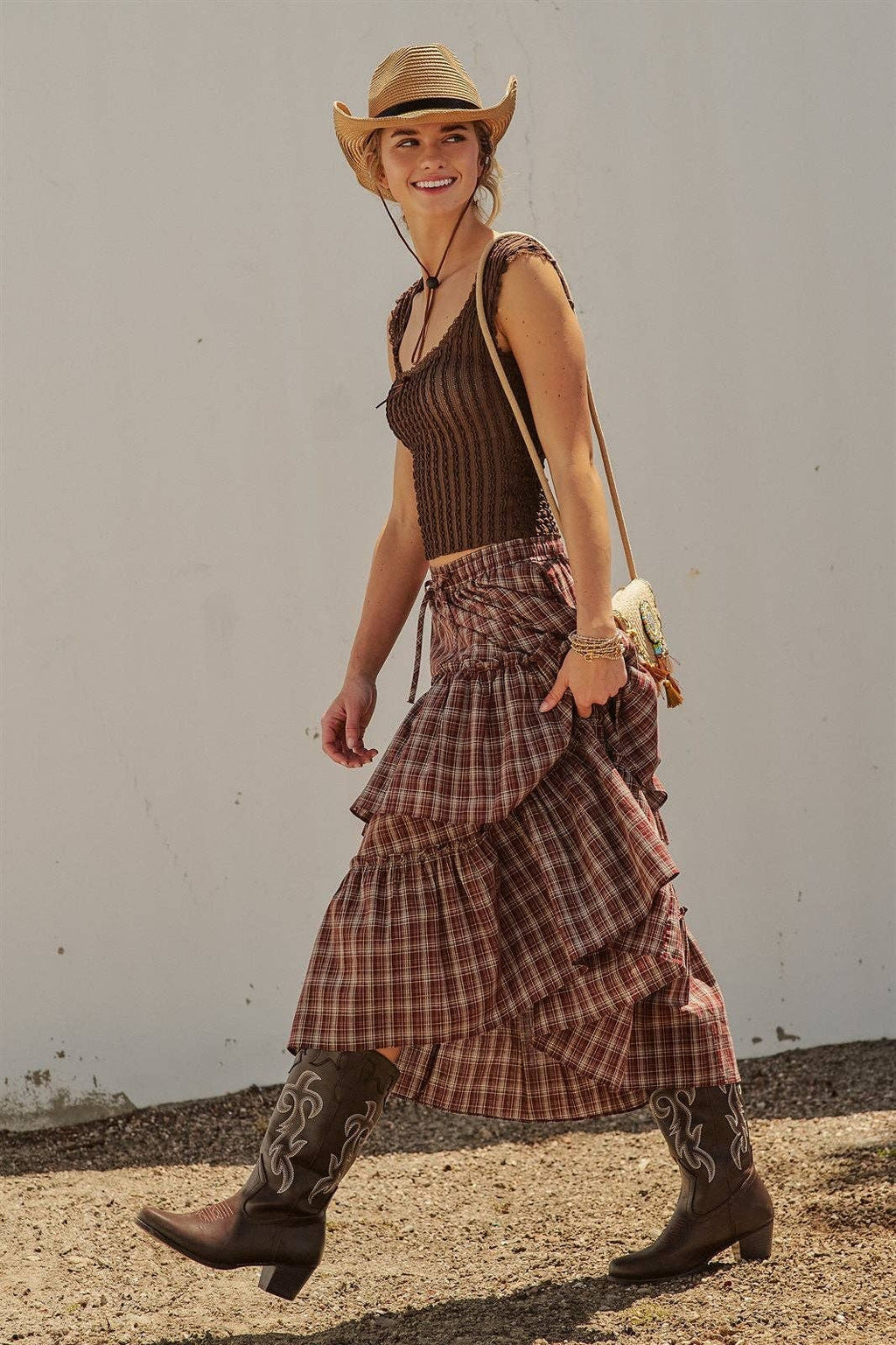 Plaid Tiered Ruffle Cotton Maxi Skirt
