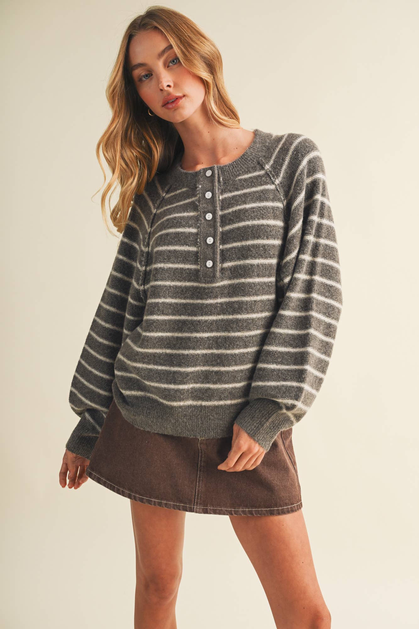 Button-Placket Stripe Knit Pullover