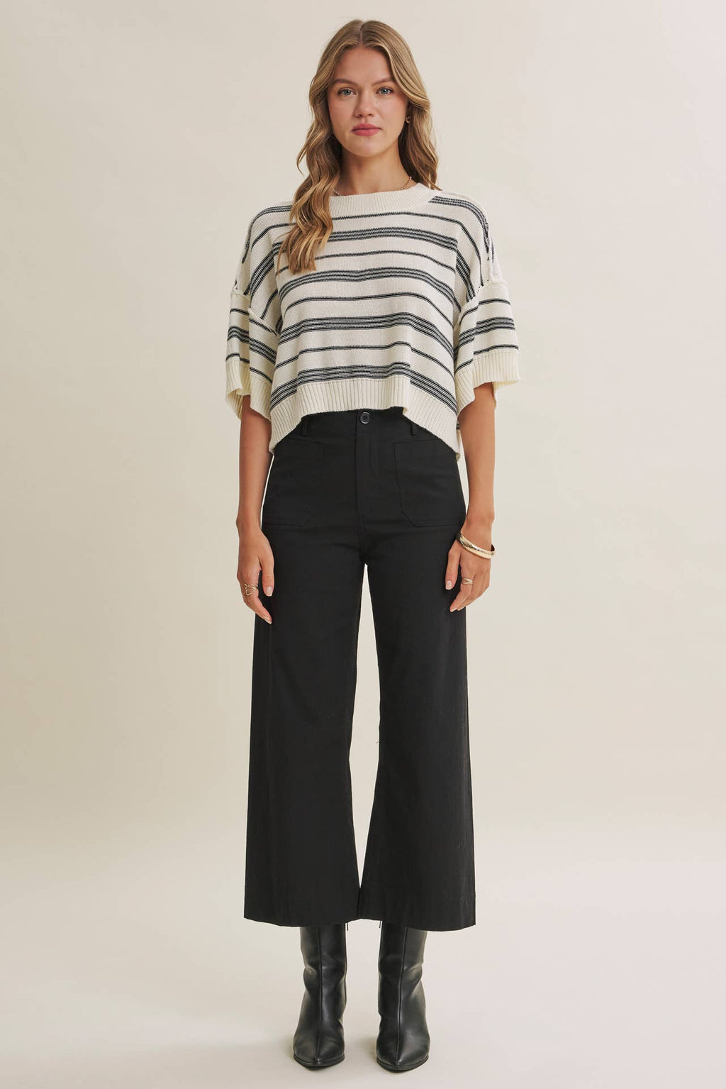 ESSENSE OF WEEKEND STRIPED LINEN COTTON BOXY SWEATER TOP