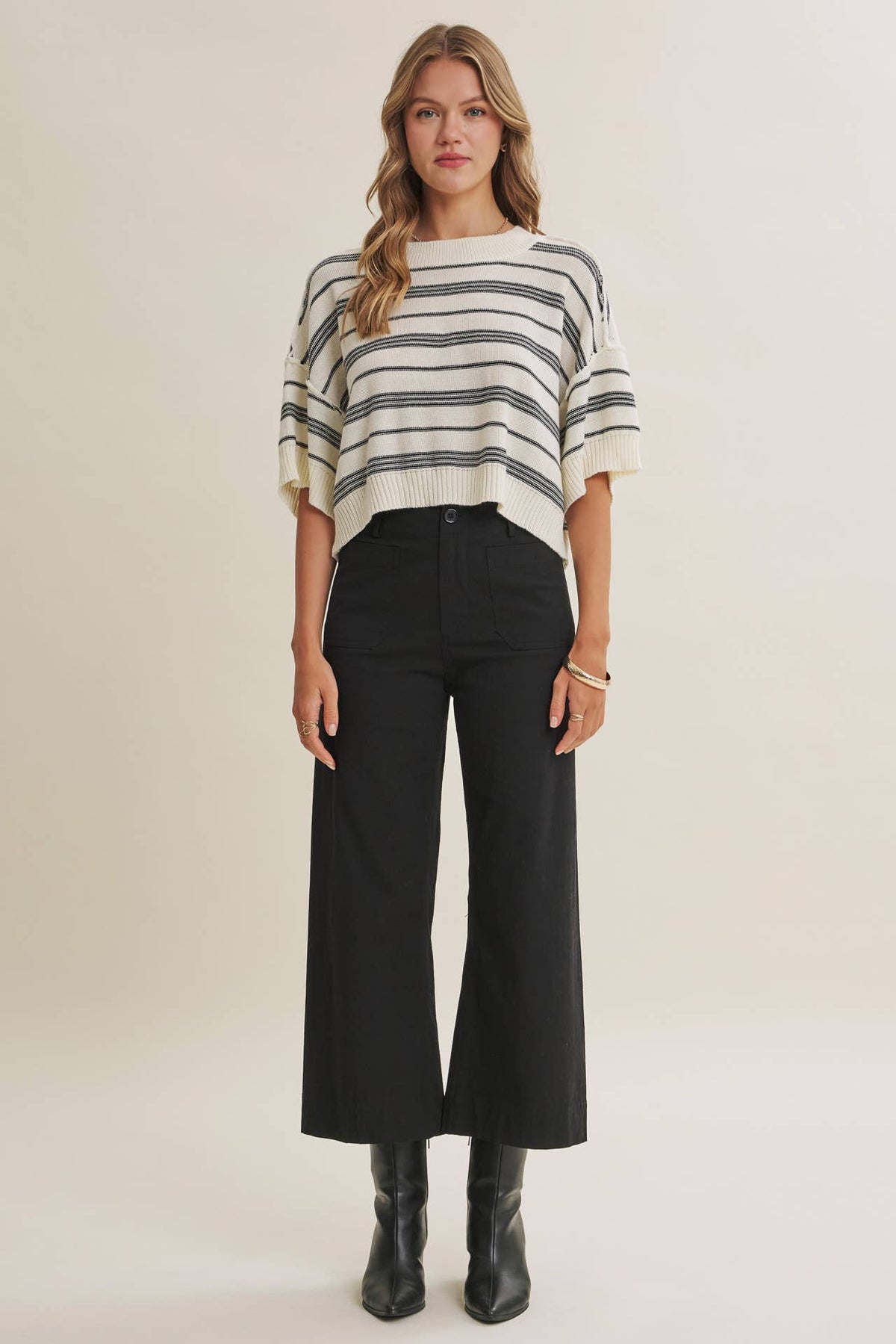ESSENSE OF WEEKEND STRIPED LINEN COTTON BOXY SWEATER TOP