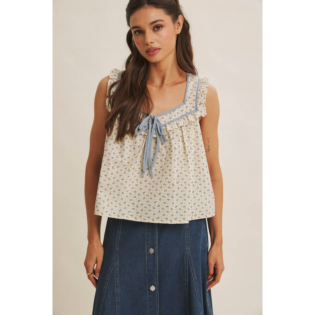 ANTIQUE MEADOW CONTRAST BINDING FLORAL RUFFLED BLOUSE TOP