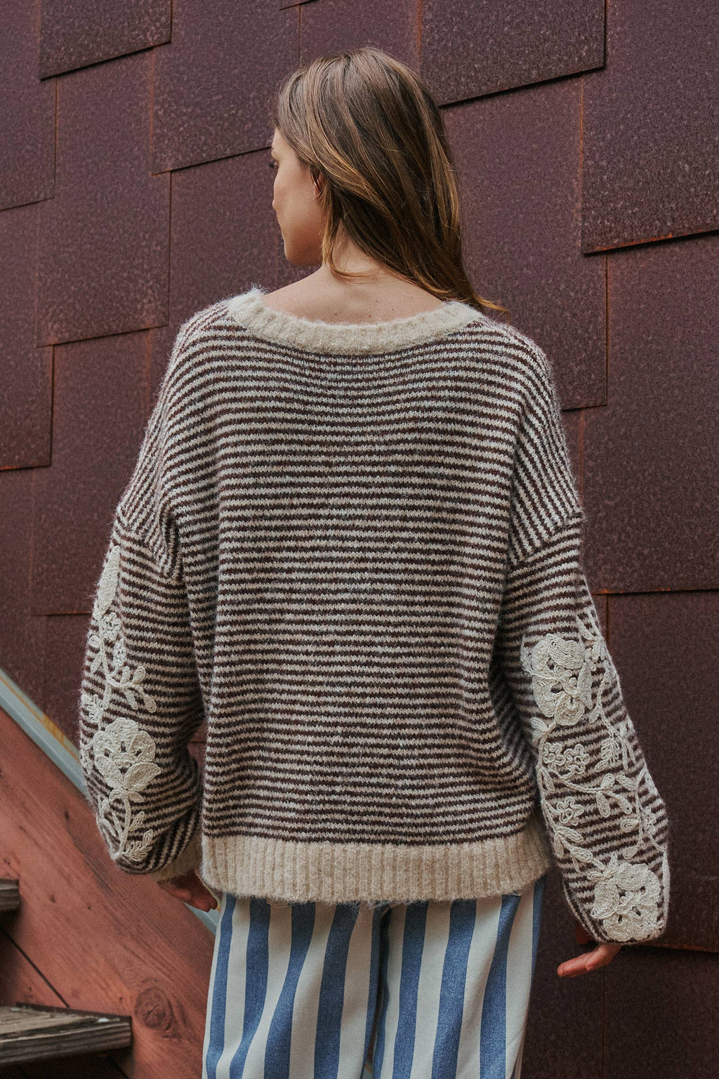 Floral Embroidered Striped Knit Sweater