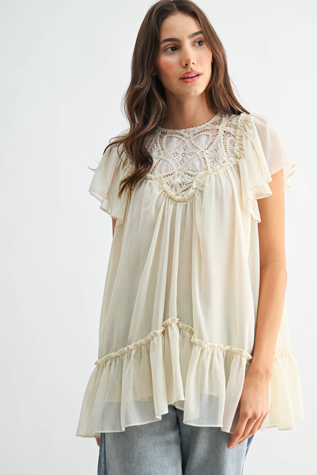 CT10179J Sheer Lace Yoke Ruffle Sleeve Blouse