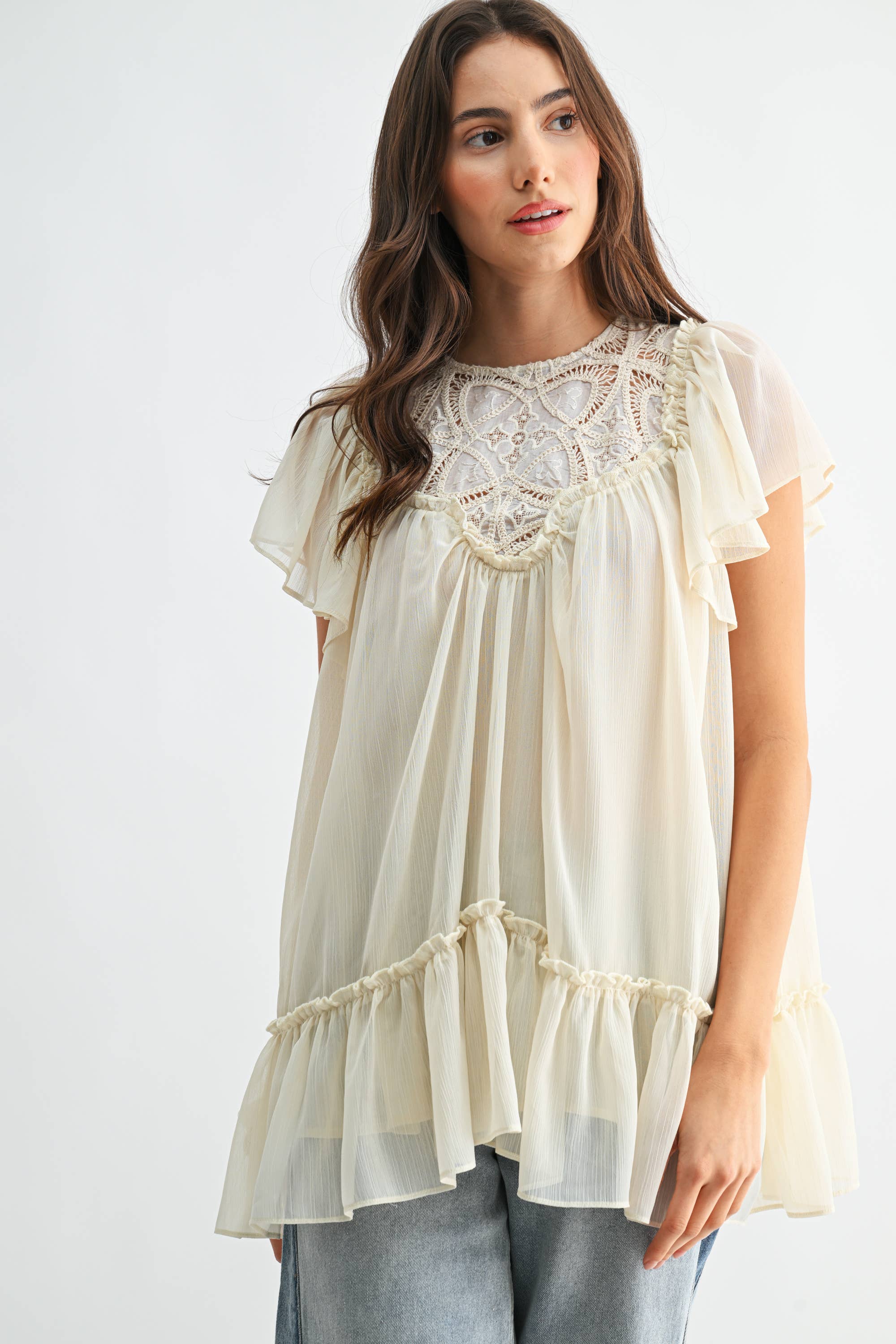 CT10179J Sheer Lace Yoke Ruffle Sleeve Blouse