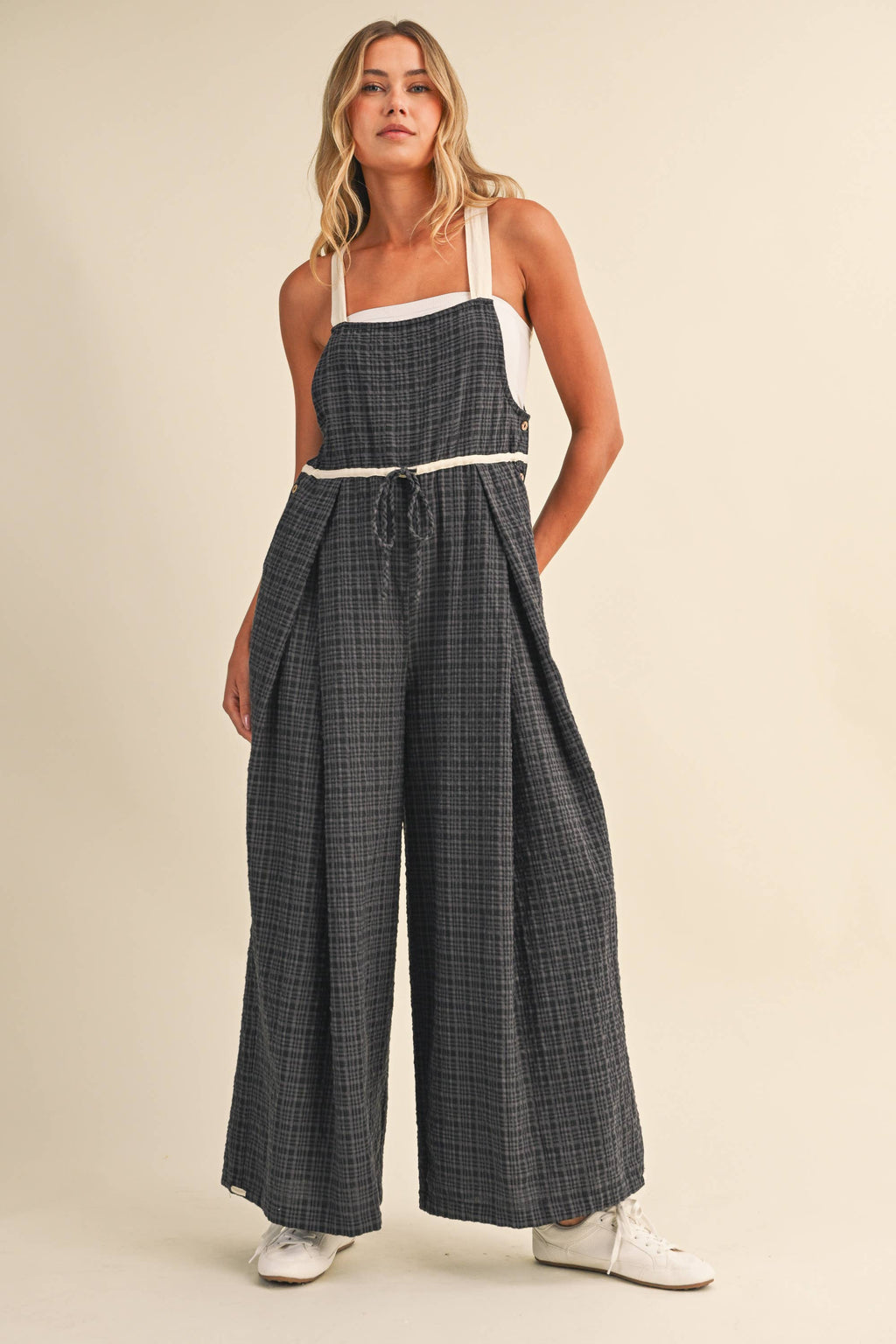 IJP3433 DRAWCORD WAISTLINE PLAID OVERALLS WITH ADJUSTABLE AN