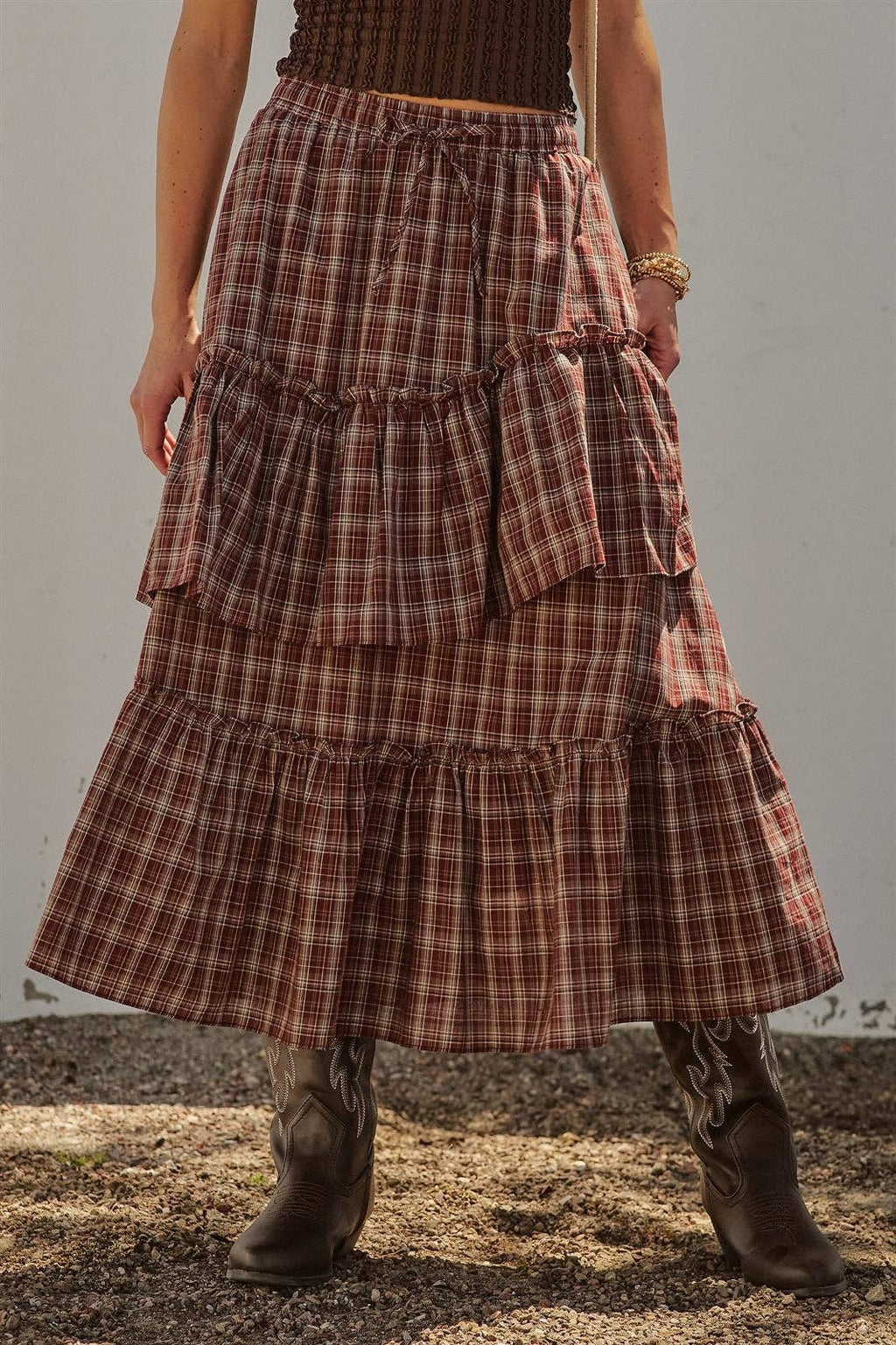 Plaid Tiered Ruffle Cotton Maxi Skirt