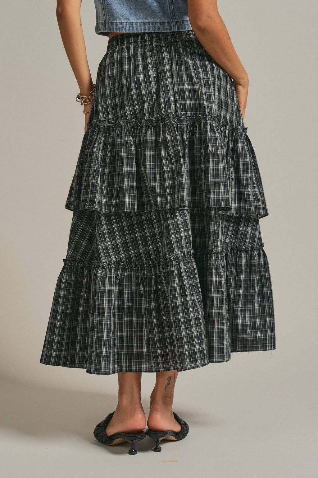 Plaid Tiered Ruffle Cotton Maxi Skirt