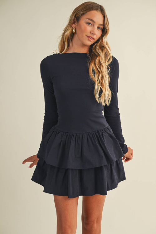 BOAT NECK TIERED RUFFLE DRESS