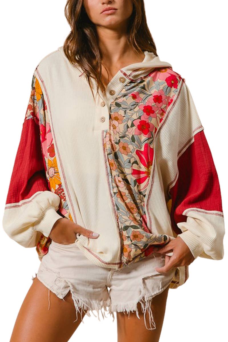 Knit And Print Mixed Hoodie Top