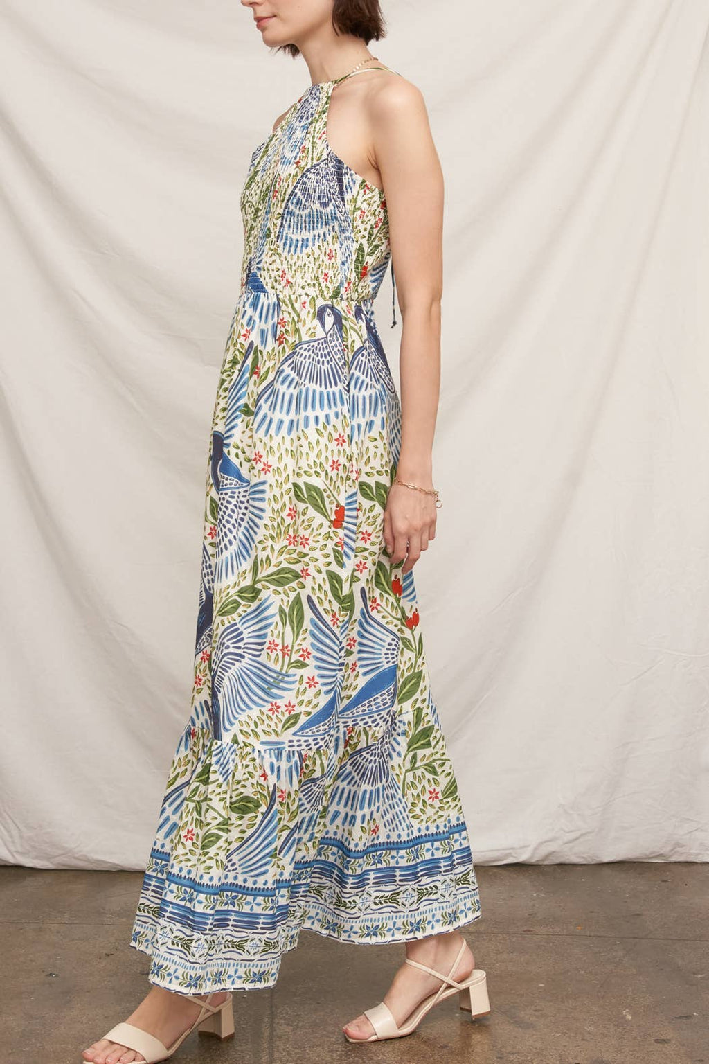 Printed Halter Neck Smocked Maxi Dress