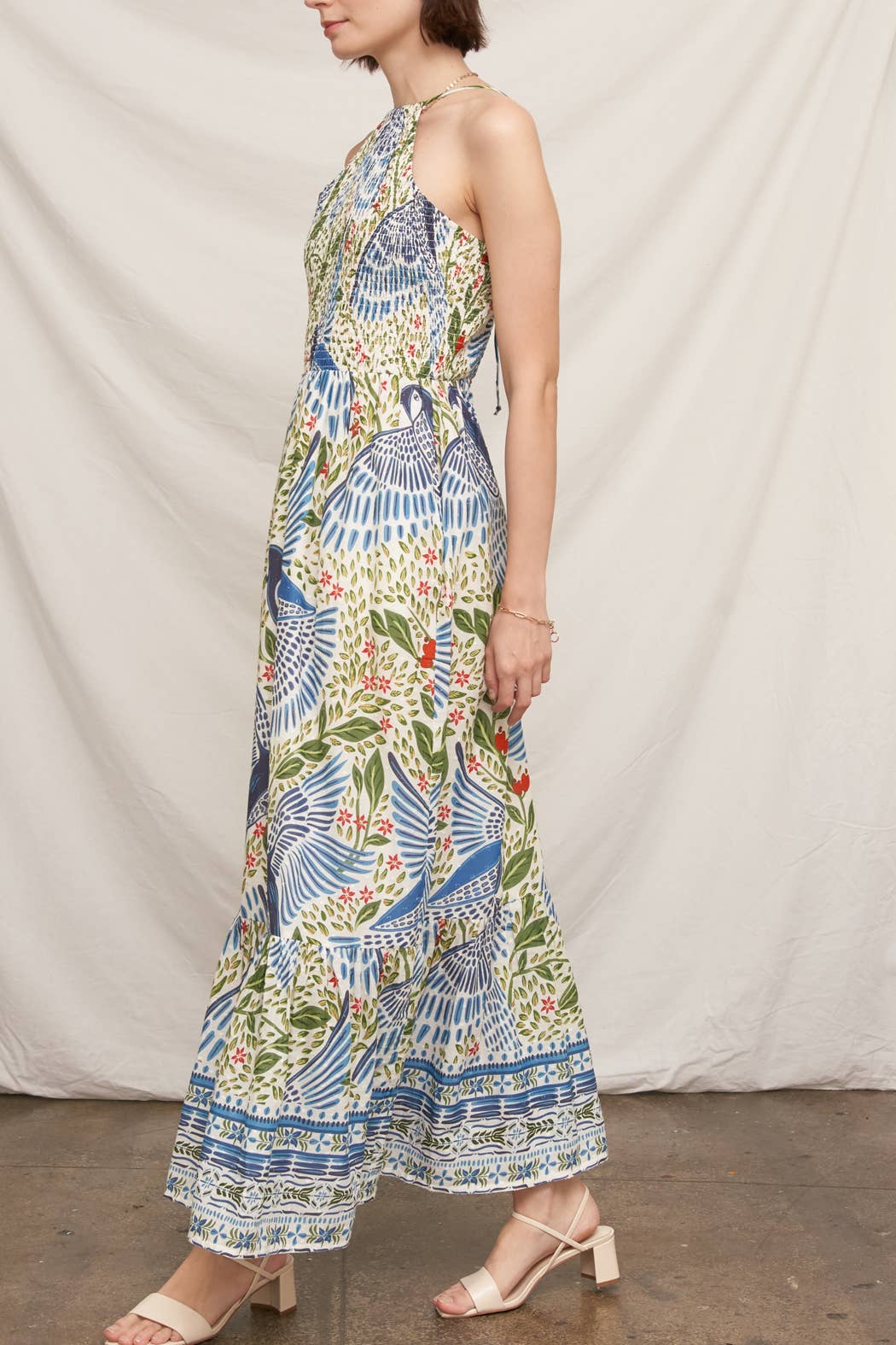 Printed Halter Neck Smocked Maxi Dress
