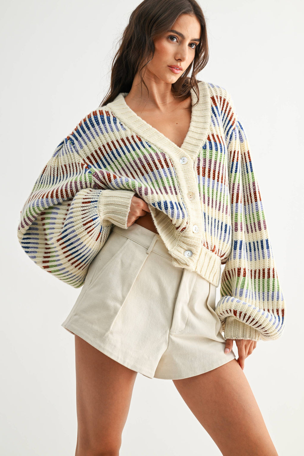 CWT26016 Multicolor Striped Chunky Knit Cardigan