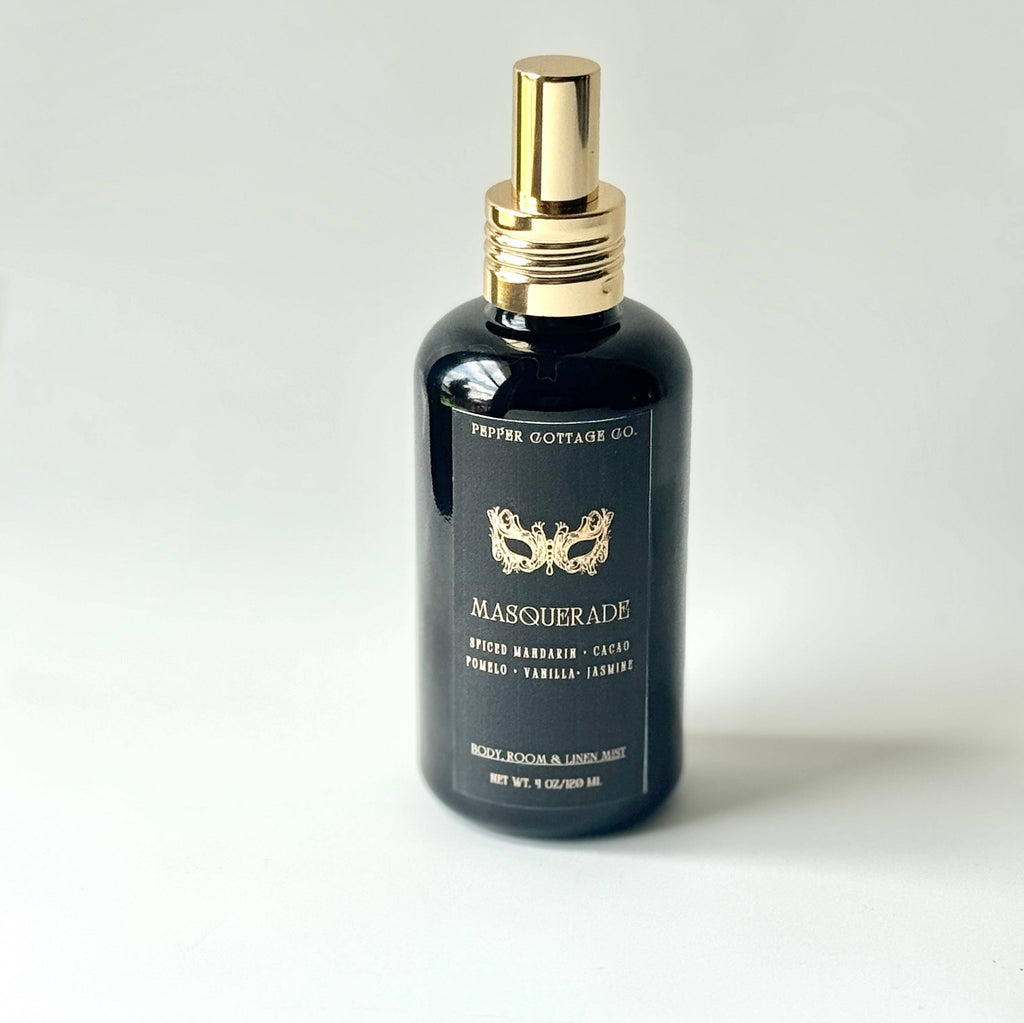 Masquerade 4 oz Body + Home Mist | Spiced Mandarin, Cacao, Pomelo, Vanilla, Jasmine | Spicy Citrus Floral Dark Academia-Inspired Body Mist