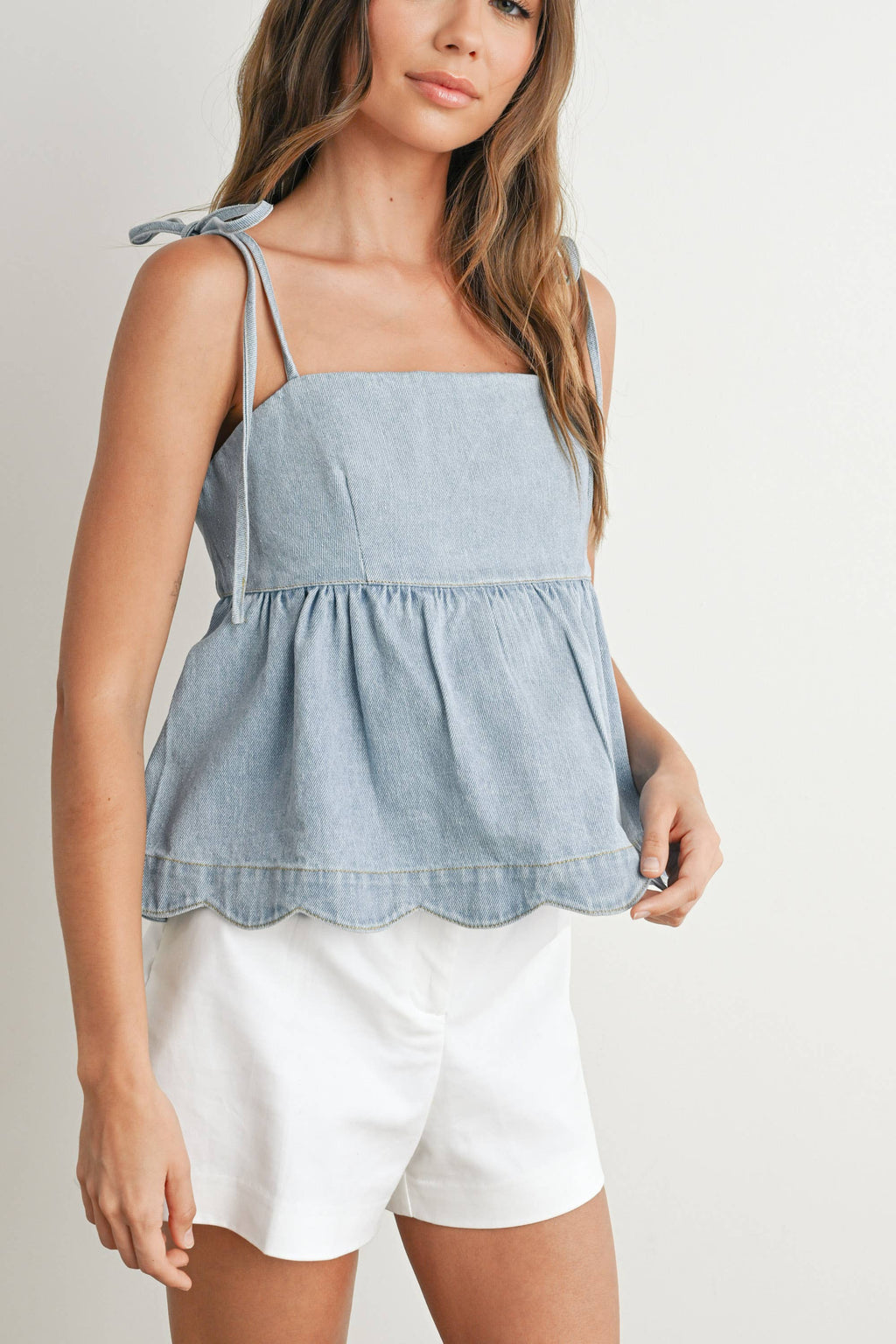 Denim Tie-Strap Peplum Top - BMT7722