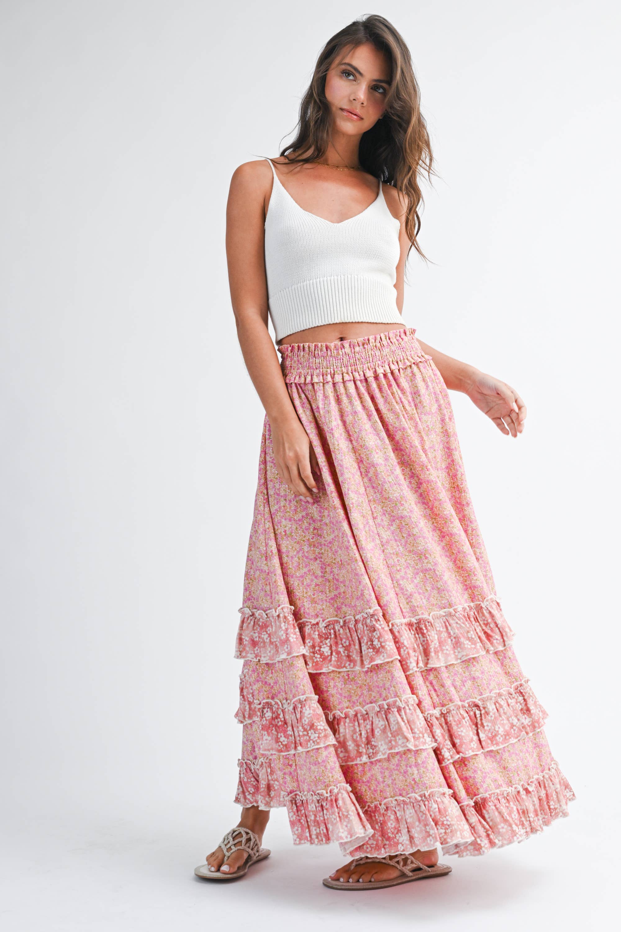 7150HK Floral Ruffle Maxi Skirt