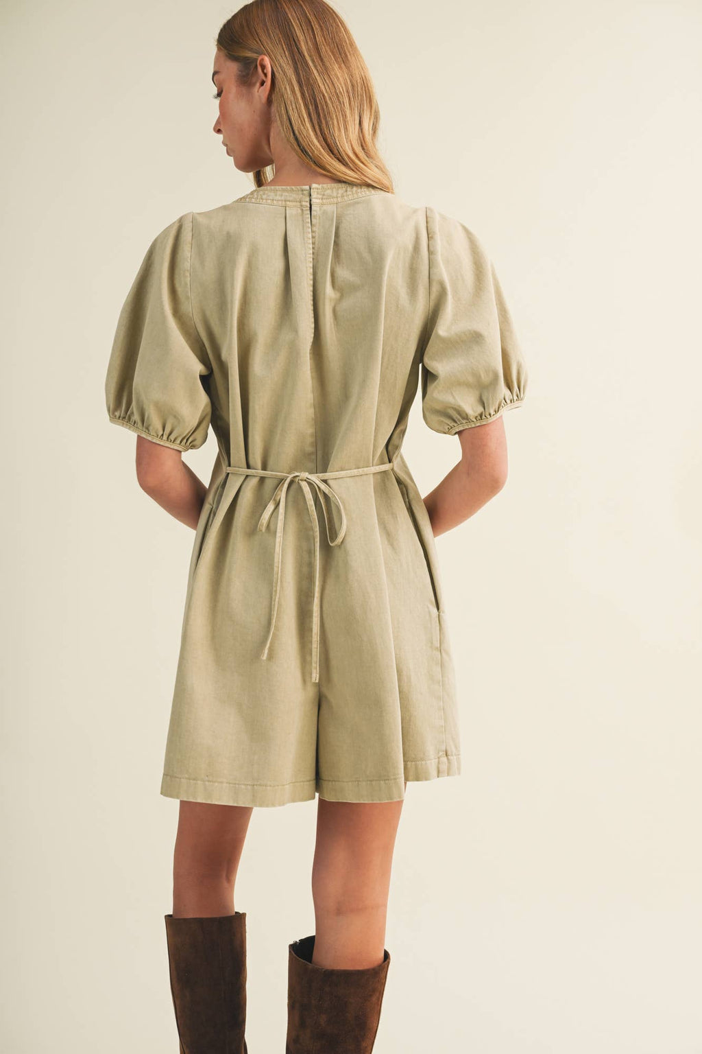 Pintuck V-Neck Puff Sleeve Romper