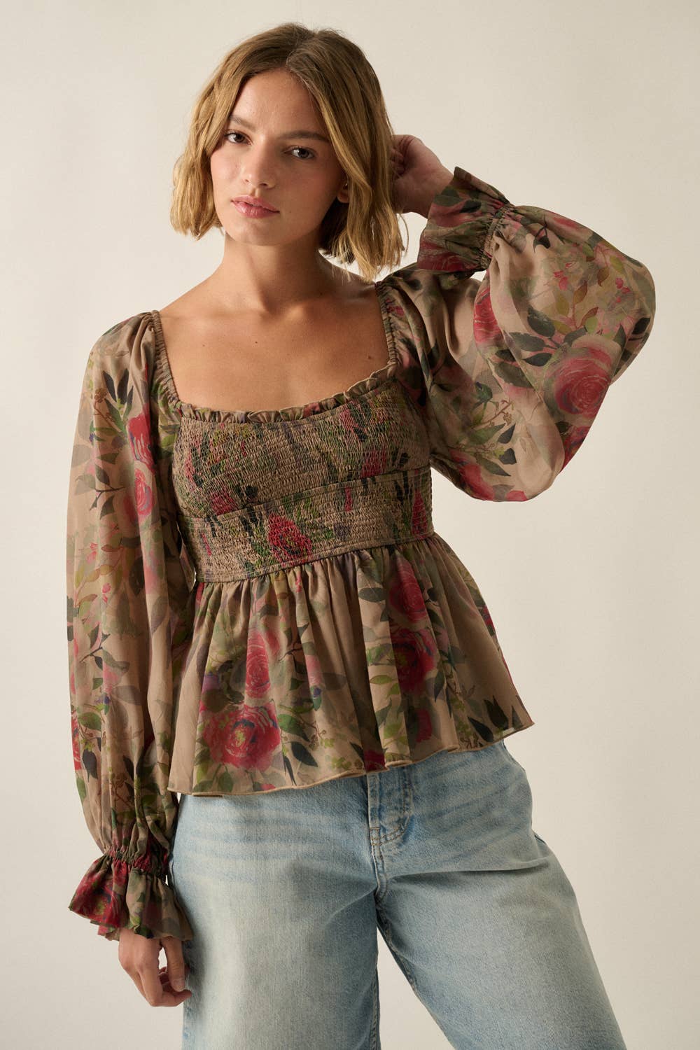 Floral-Print Smocked Sweetheart Peplum Peasant Top