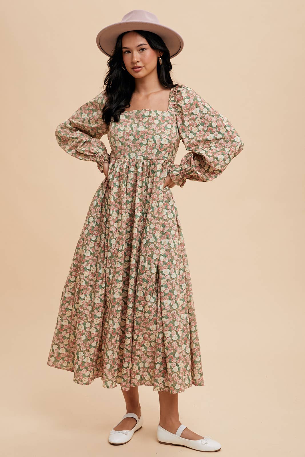 COTTON FLORAL SQUARE NECK MAXI DRESS