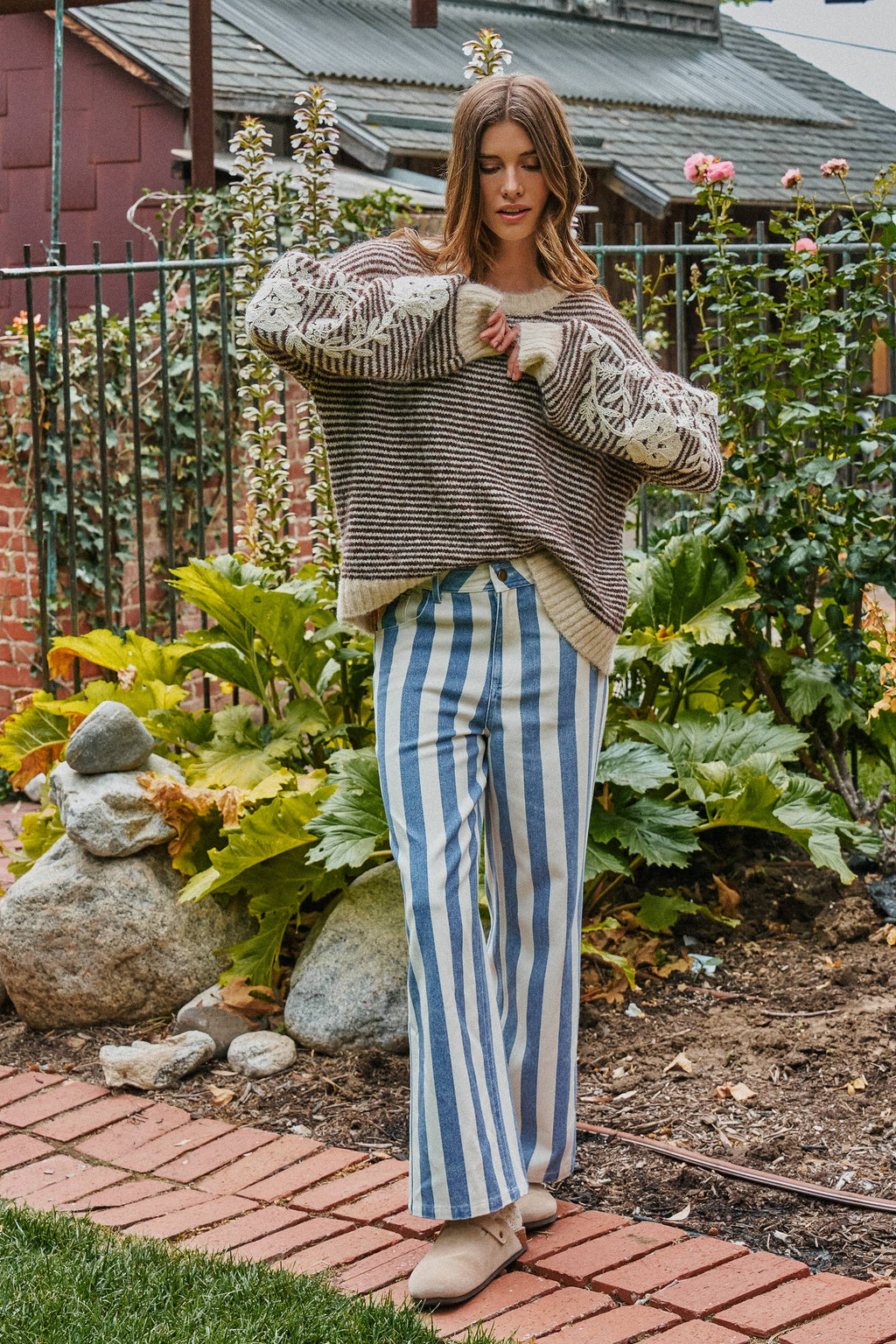 Floral Embroidered Striped Knit Sweater